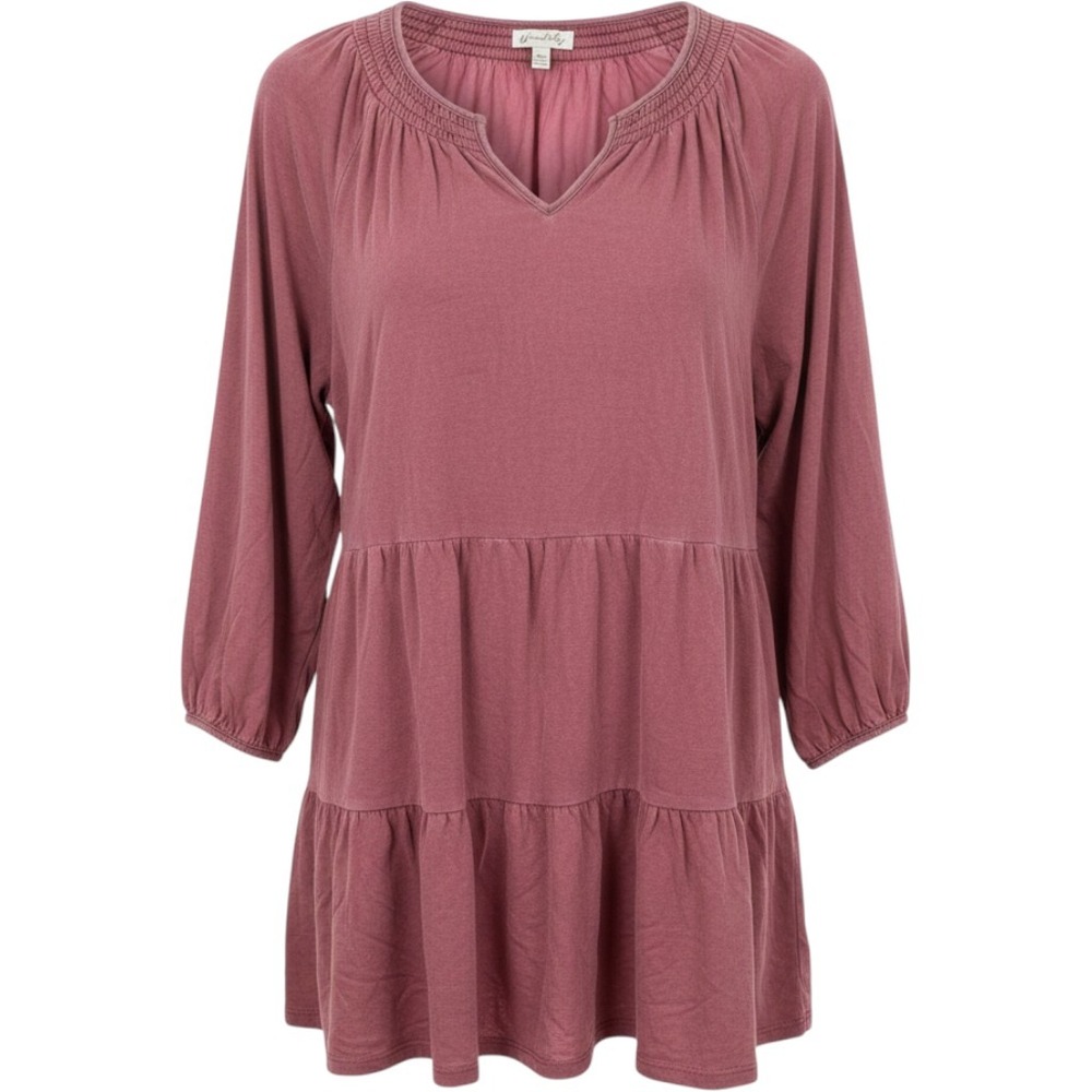 Wonderly Womens Large Berry Pink Tiered Smocked V-Neck Tunic Top 3/4 Sleeve